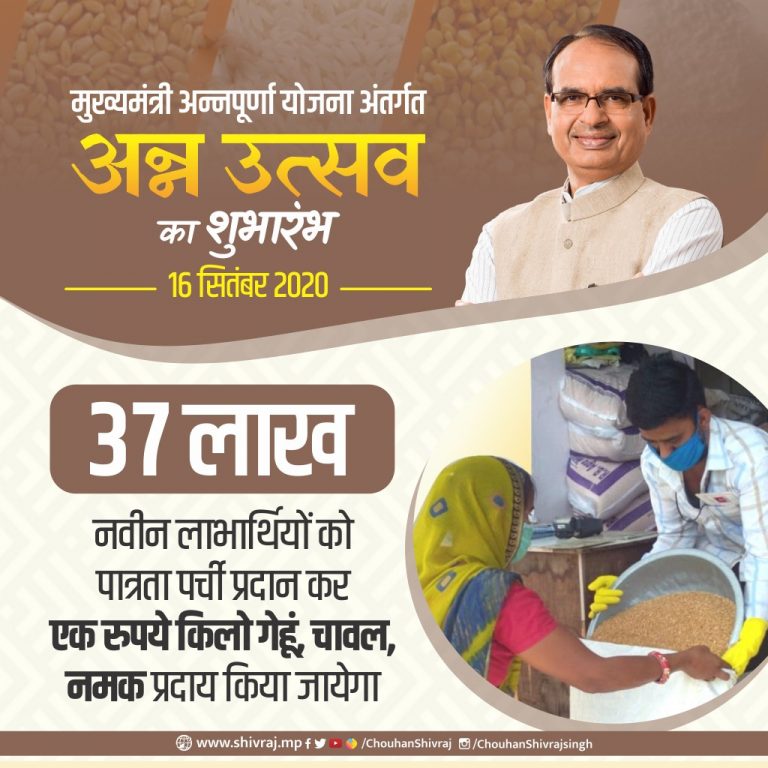 मध्यप्रदेश में गरीबों को सस्ता अनाज उपलब्ध कराने हेतु ‘अन्न उत्सव’ का शुभारंभ,मुख्यमंत्री शिवराज पात्रता पर्ची देंगे
