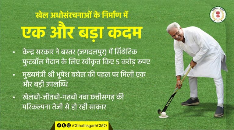 खेल अधोसंरचनाओं के निर्माण में एक और बड़ा कदम : केन्द्र सरकार ने बस्तर (जगदलपुर) में सिंथेटिक फुटबॉल मैदान के लिए स्वीकृत किए 5 करोड़ रूपए