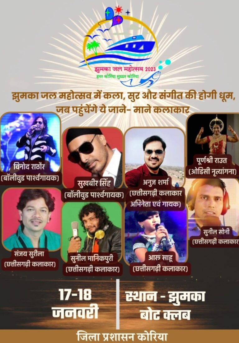 “दीवाना” फिल्म का गाना “कोई न कोई चाहिए प्यार करने वाला” से शाहरूख खान को बालीवुड में ग्लैमर देने वाले और “खलनायक” फिल्म का गाना ” नायक नही खलनायक हूं मै ” से संजय दत्त को बालीवुड में हिट ब्रेक देने वाले मशहूर बालीवुड गायक विनोद राठौर के साथ अन्य कलाकारों को कोरिया जिला प्रशासन ने झुमका जल महोत्सव 2023 में प्रस्तुतियां देने किया आमंत्रित।