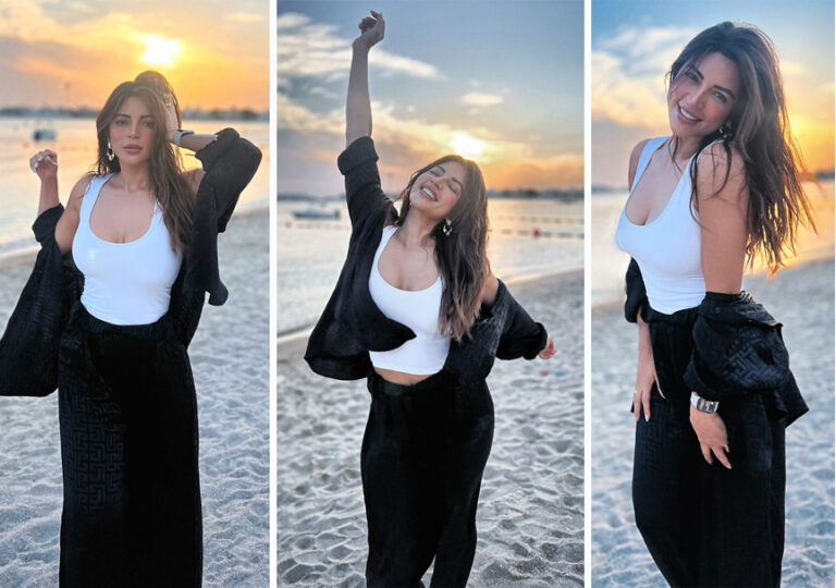 स्टाइलिश सफेद टॉप में शमा सिकंदर का समुद्री प्रेम