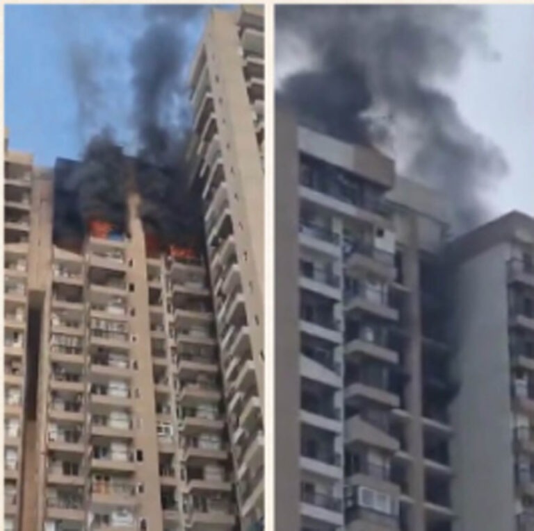 सेक्टर 119 की सोसायटी में AC फटने से लगी भीषण आग, आसमान में छाया काला धुआं; फ्लैट से उठ रहीं लपटें