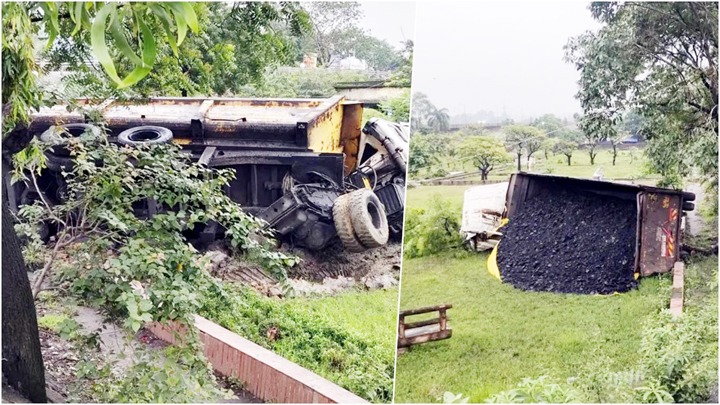 झपकी लगते ही बेकाबू हुआ कोयले से भरा ट्रेलर, रेलिंग तोड़कर गार्डन में घुसा