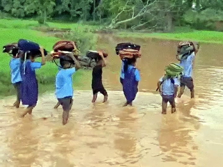 कमरभर पानी पार कर स्कूल पहुंच रहे बच्चे